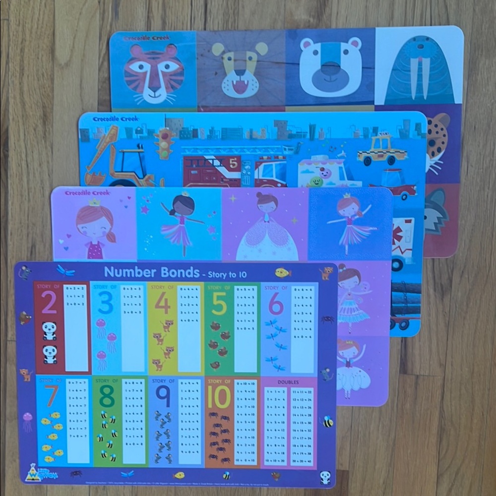 4 Number & Picture Learning Placemats - 3 Crocodile Creek and 1 Little Wigwam